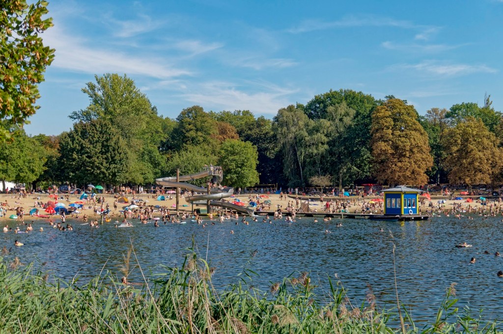 See mit Strand und Bäumen an sonnigem Tag