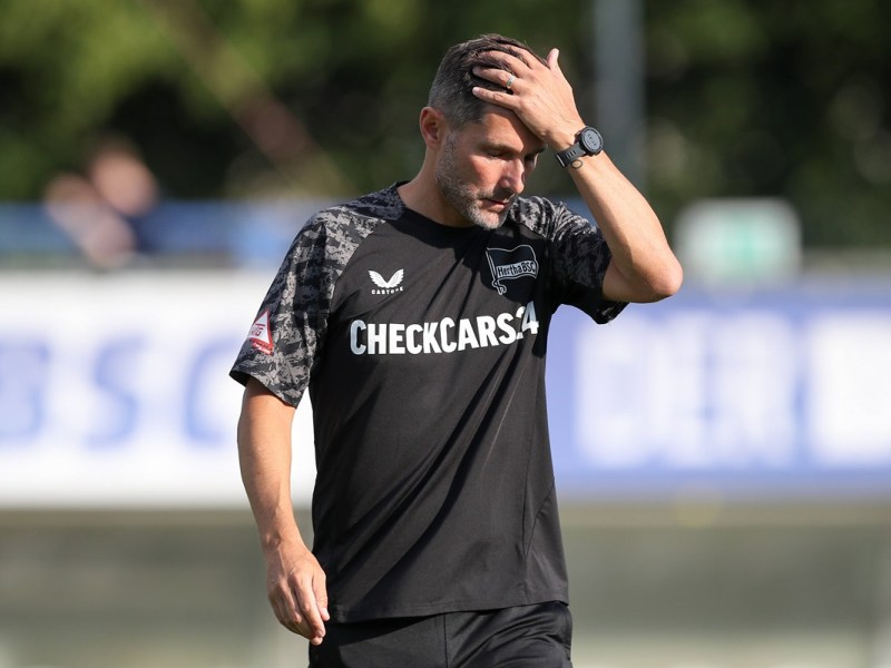 Stefan Leitl, Trainer von Hertha BSC, fasst sich an den Kopf.